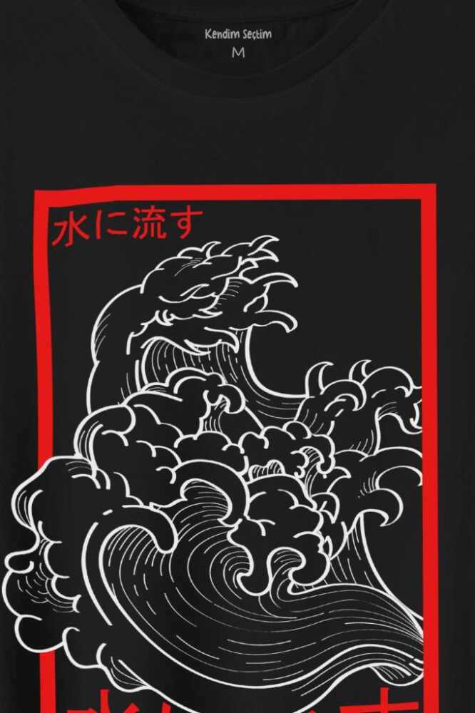 Japanese Wind Wave Japon Rüzgar 2K Street Culture Baskılı Siyah Tişört Unisex (1)