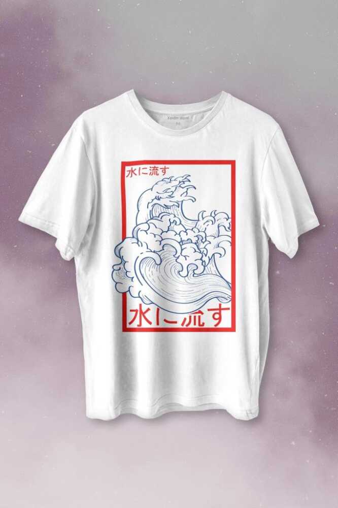 Japanese Wind Wave Japon Rüzgar 2K Street Culture Baskılı Beyaz Tişört Unisex
