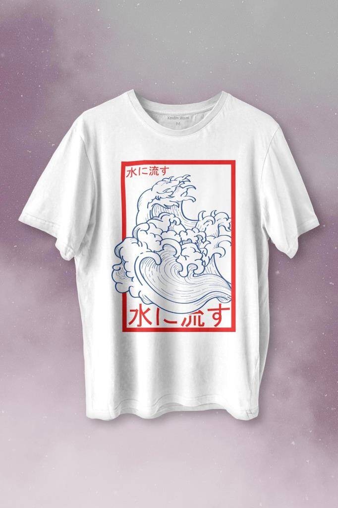 Japanese Wind Wave Japon Rüzgar 2K Street Culture Baskılı Beyaz Tişört Unisex