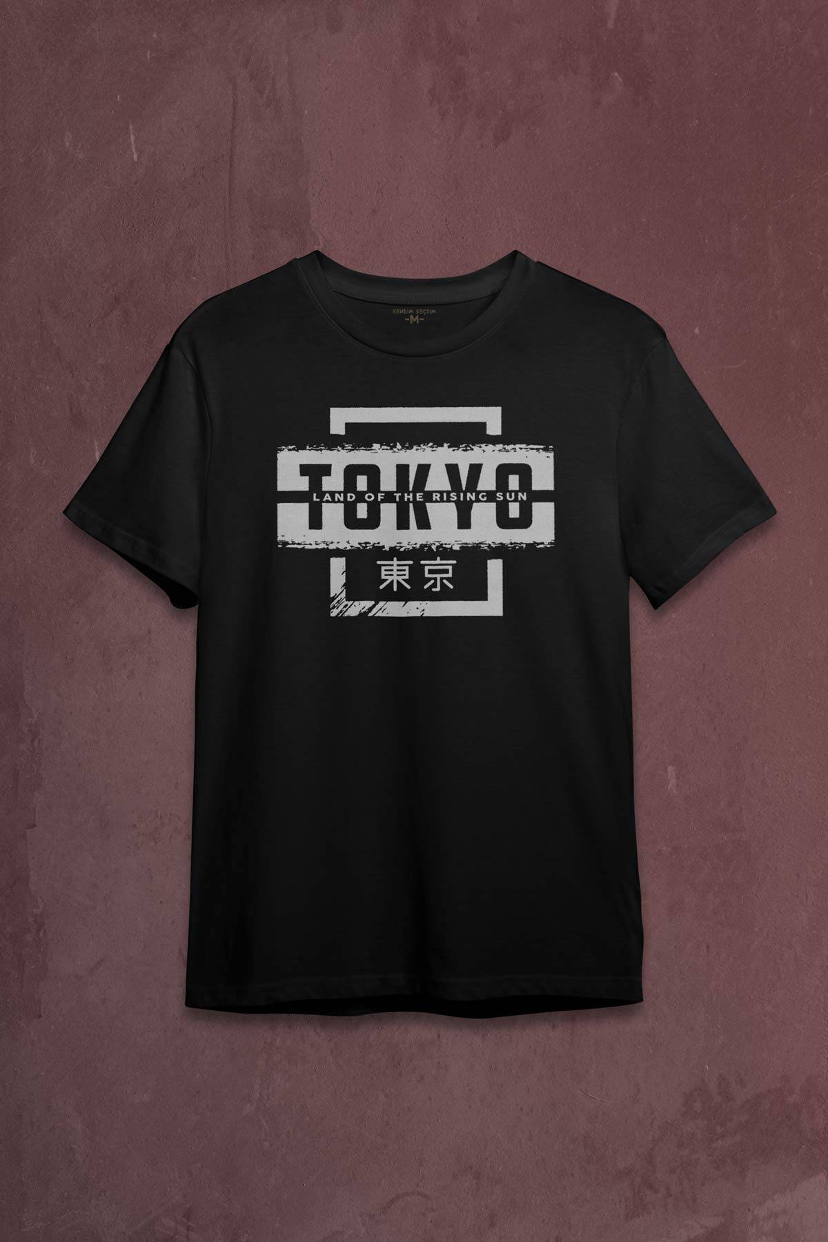 Japonca Tokyo Şehri Japonya Japan Baskılı Siyah Tişört Unisex - 1