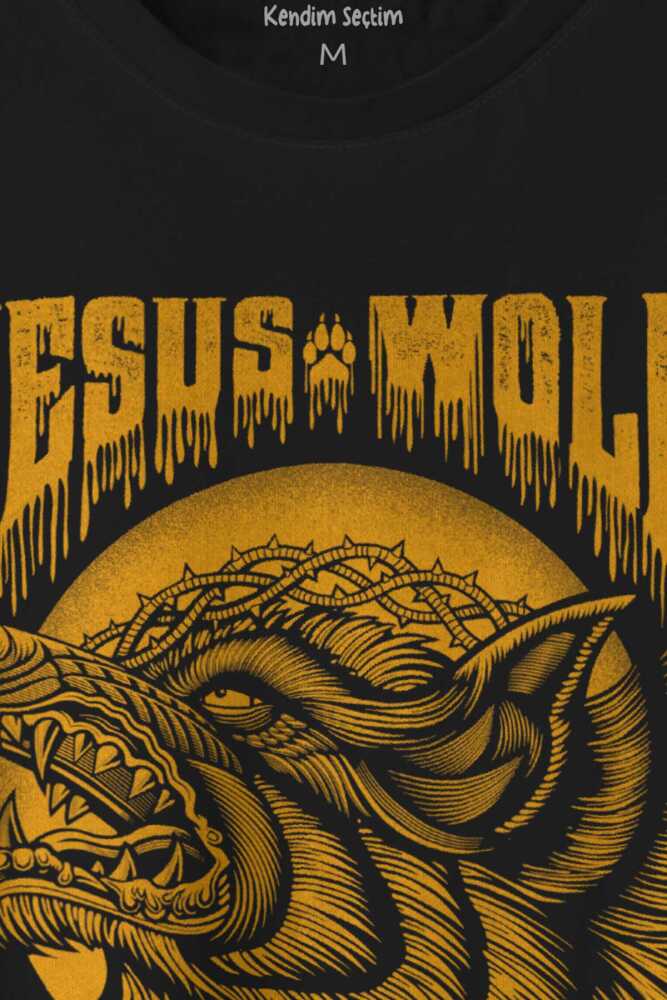 Jesus Wolf Kurt Kafası Hardal Baskılı Tişört Unisex (1)