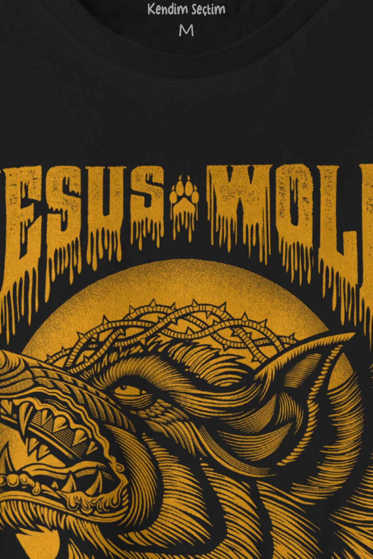 Jesus Wolf Kurt Kafası Hardal Baskılı Tişört Unisex - 2