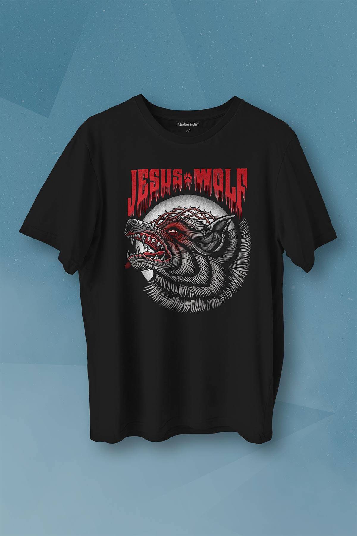Jesus Wolf Kurt Kafası Kırmızı Baskılı Tişört Unisex - 1