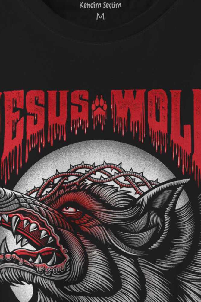 Jesus Wolf Kurt Kafası Kırmızı Baskılı Tişört Unisex (1)
