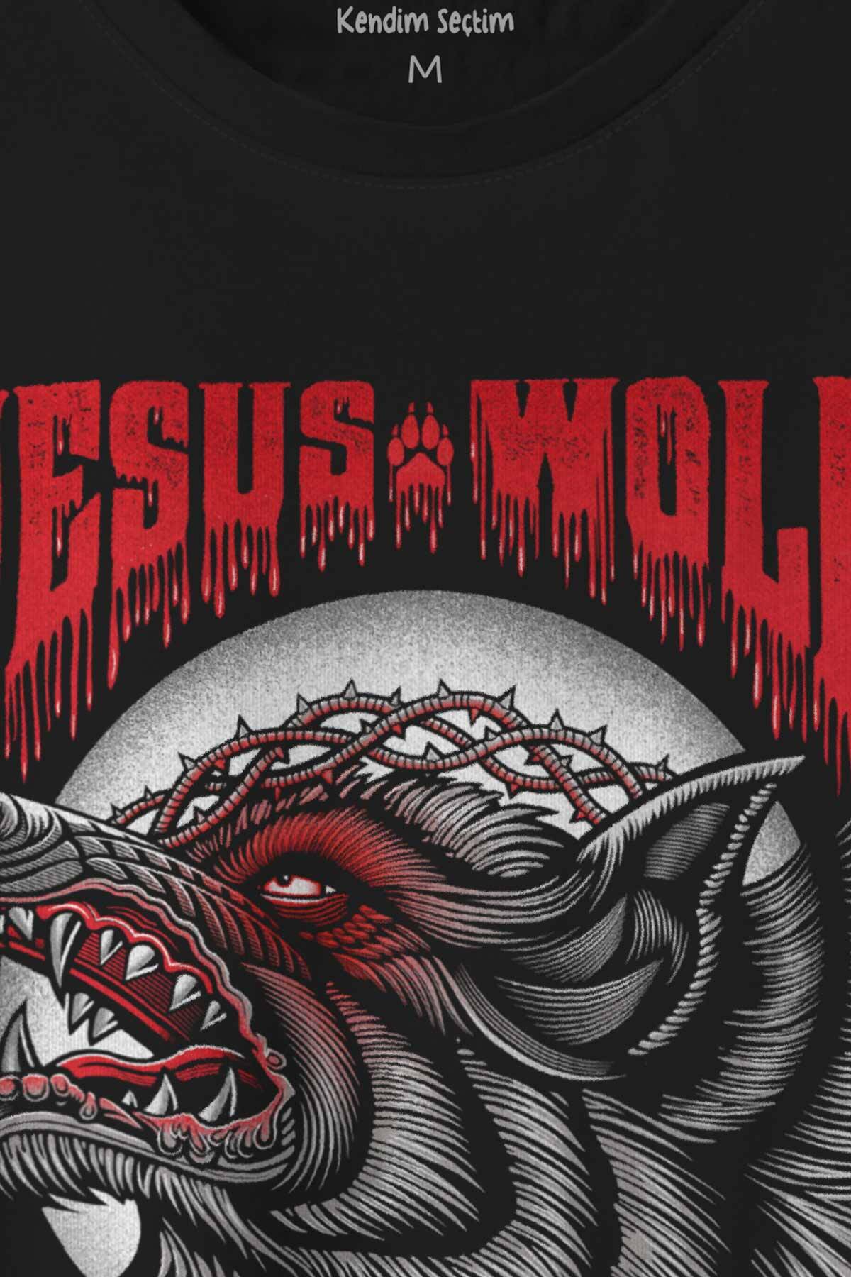 Jesus Wolf Kurt Kafası Kırmızı Baskılı Tişört Unisex - 2