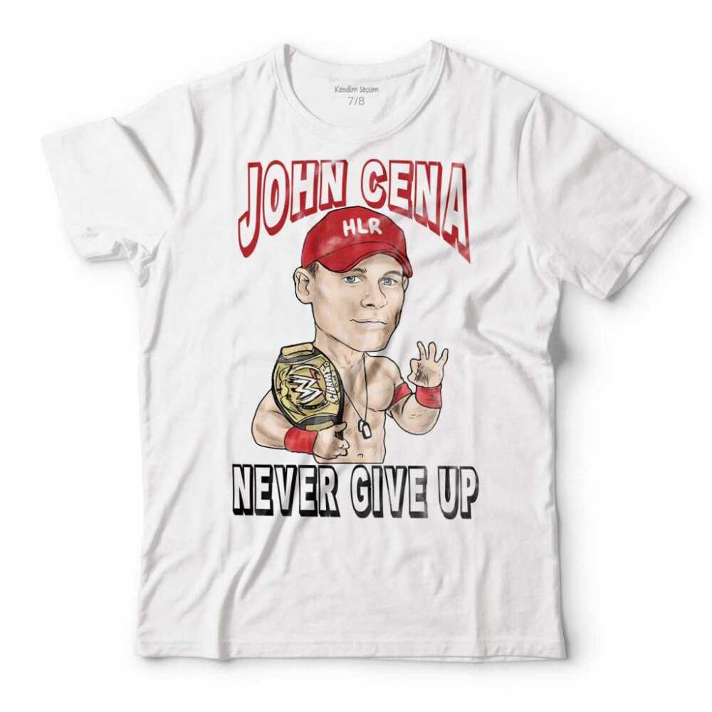 John Cena Karikatür Never Give Up WWE Amerikan Güreşi Çocuk Tişört Beyaz