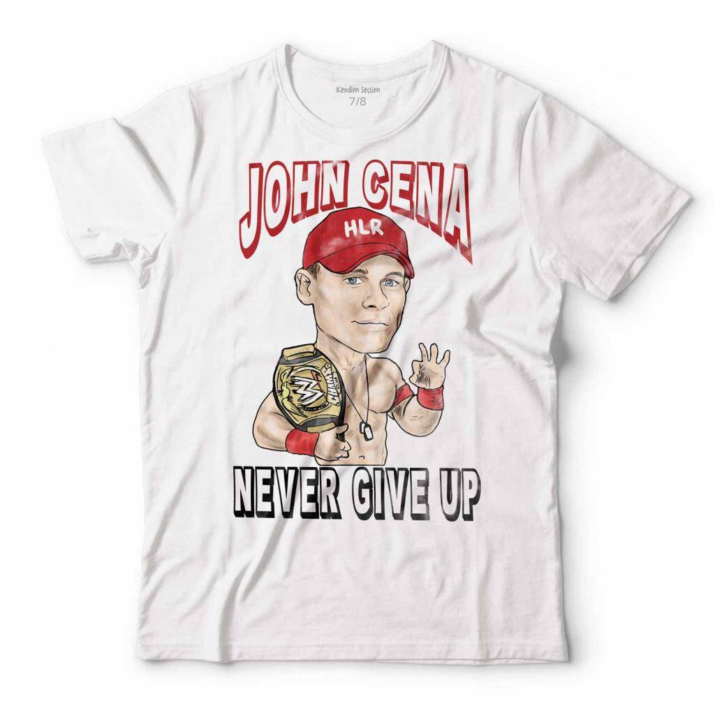 John Cena Karikatür Never Give Up WWE Amerikan Güreşi Çocuk Tişört Beyaz