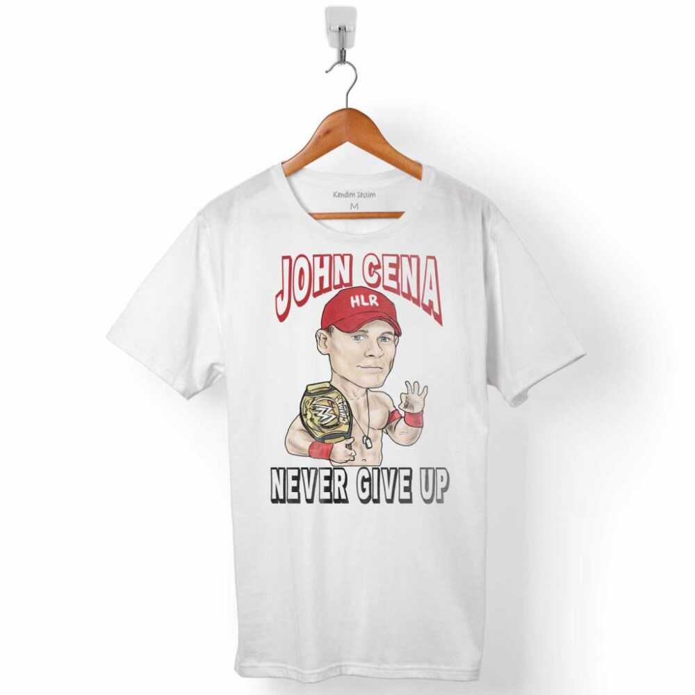 John Cena Karikatür Never Give Up WWE Amerikan Güreşi Erkek Tişört