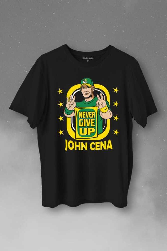 John Cena Wwe Logo Never Give Up Amerikan Güreşi Baskılı Siyah Tişört Unisex