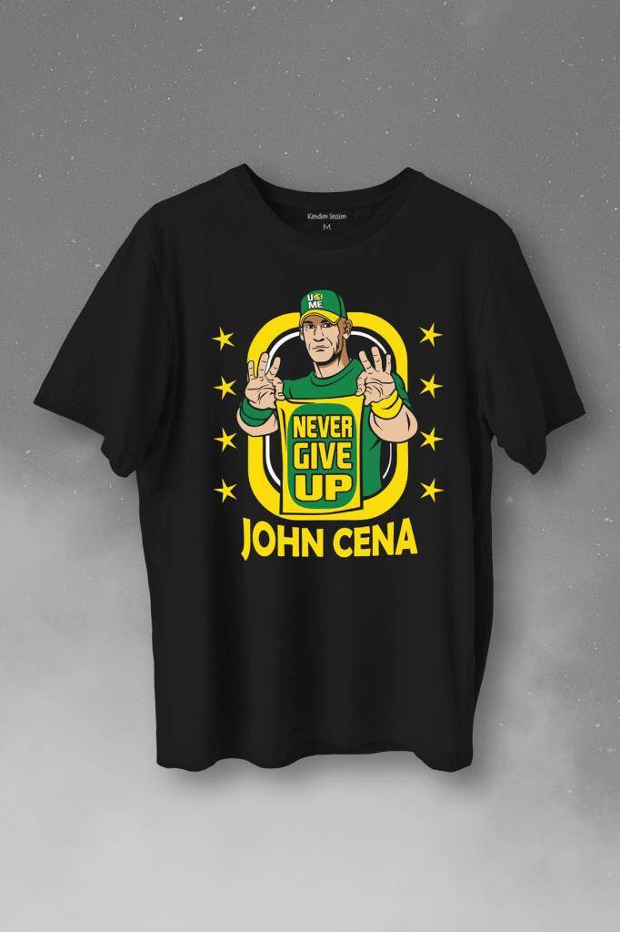 John Cena Wwe Logo Never Give Up Amerikan Güreşi Baskılı Siyah Tişört Unisex