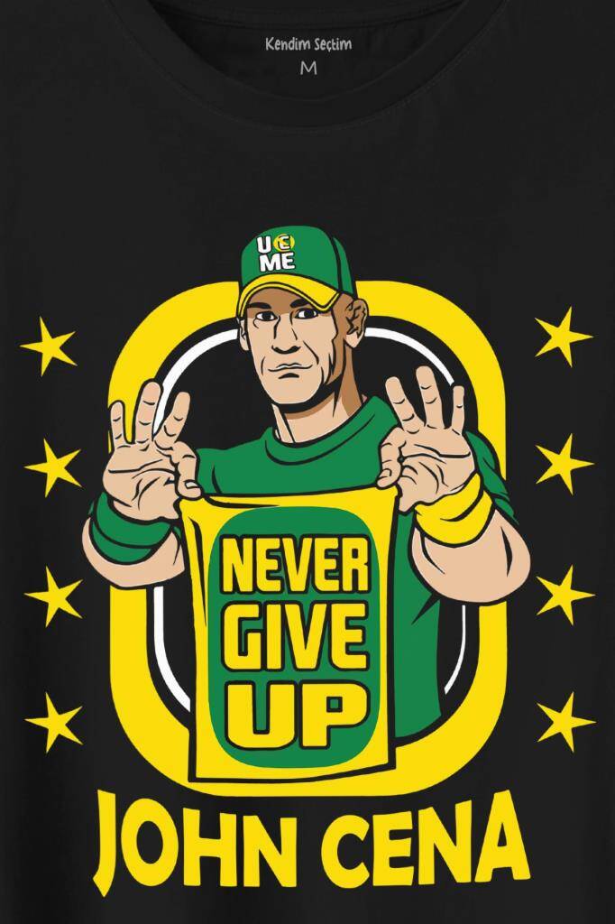 John Cena Wwe Logo Never Give Up Amerikan Güreşi Baskılı Siyah Tişört Unisex (1)