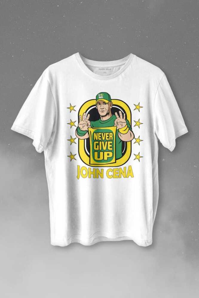 John Cena Wwe Logo Never Give Up Amerikan Güreşi Baskılı Beyaz Tişört Unisex
