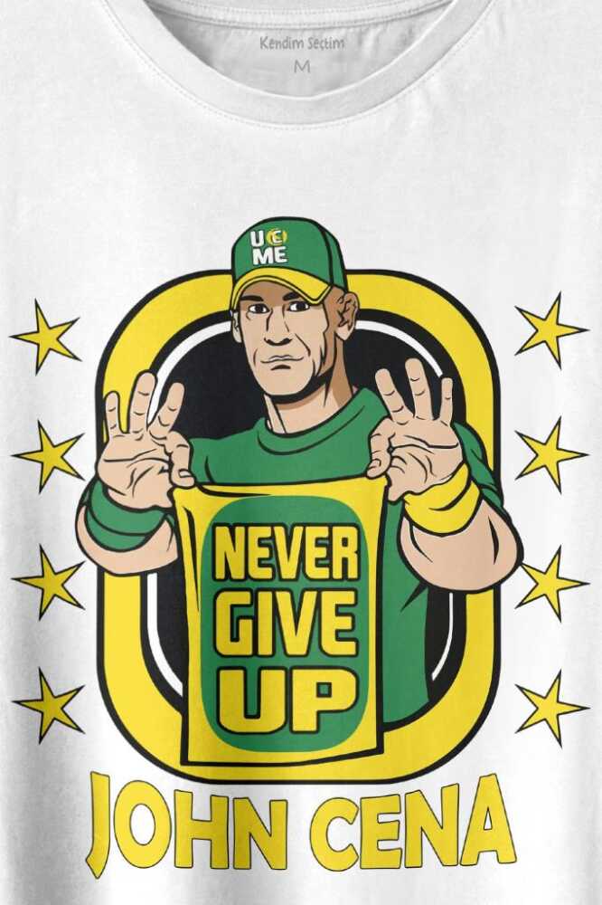 John Cena Wwe Logo Never Give Up Amerikan Güreşi Baskılı Beyaz Tişört Unisex (1)