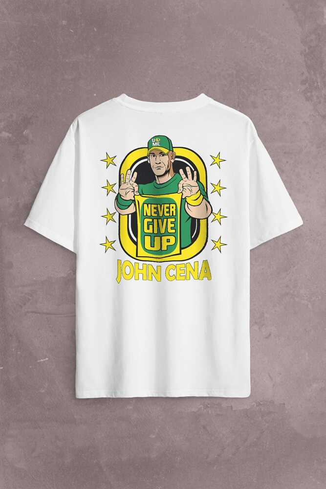 John Cena Wwe Logo Never Give Up Amerikan Güreşi Sırt Ön Baskılı Beyaz Oversize Tişört Unisex