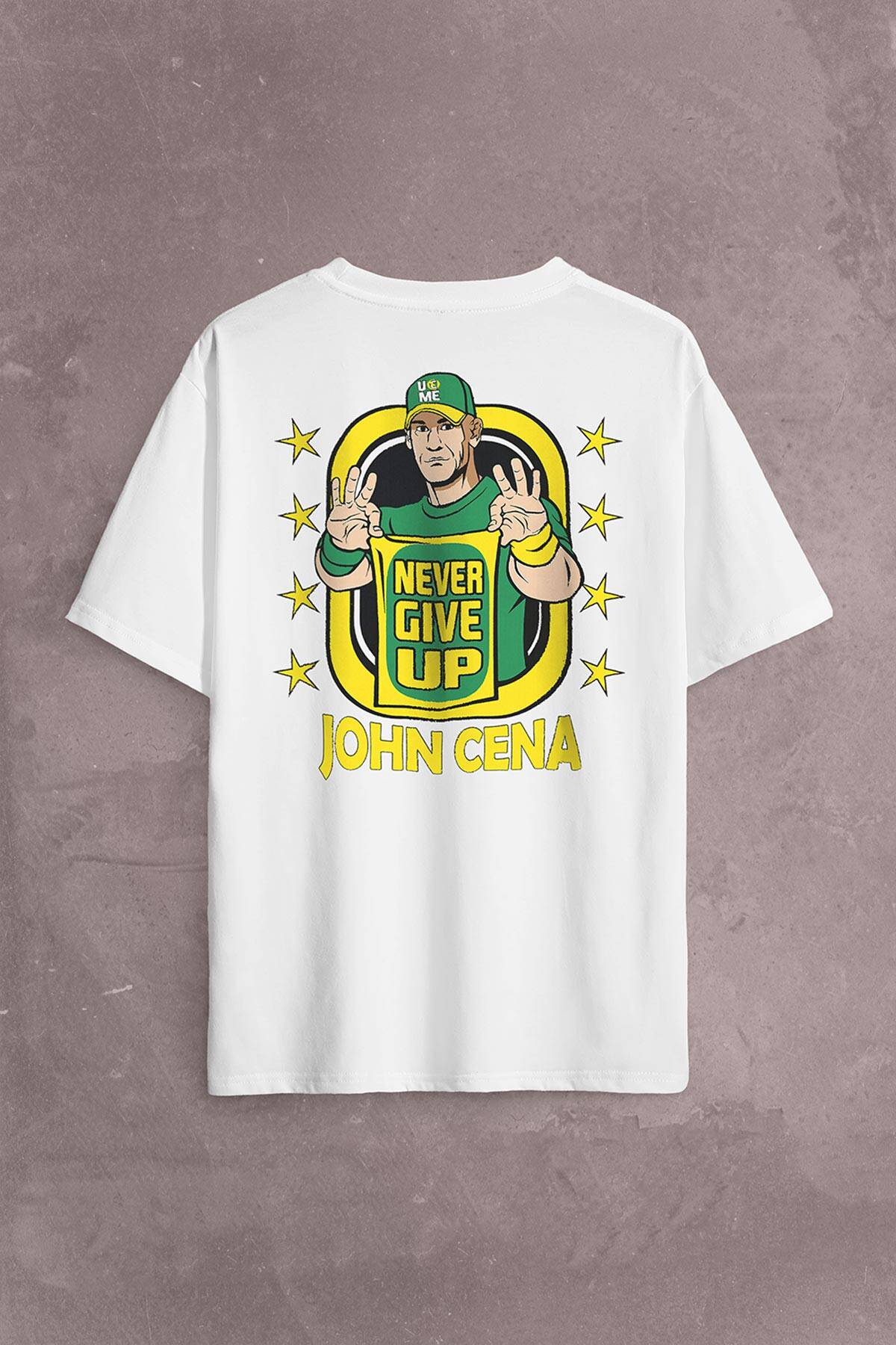 John Cena Wwe Logo Never Give Up Amerikan Güreşi Sırt Ön Baskılı Beyaz Oversize Tişört Unisex