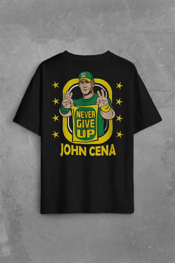 John Cena Wwe Logo Never Give Up Amerikan Güreşi Sırt Ön Baskılı Siyah Oversize Tişört Unisex