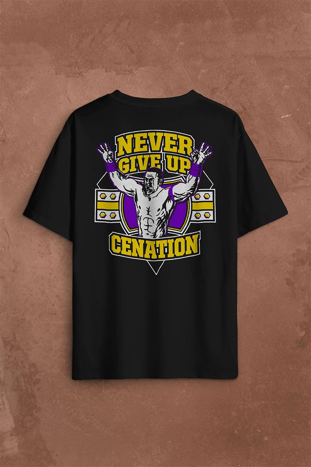 John Cena Never Give Up Cenation Asla Pes Etme Sırt Ön Baskılı Oversize Tişört Unisex (1)