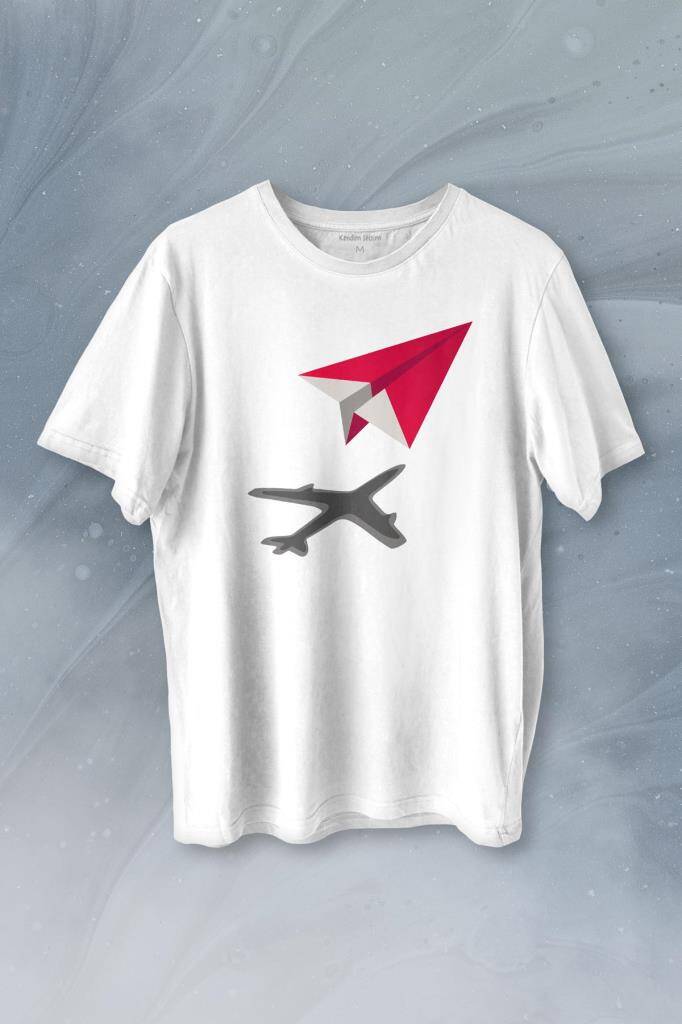 Kağıt Uçak Hayaller Hayatlar Fly Pilot Baskılı Beyaz Tişört Unisex
