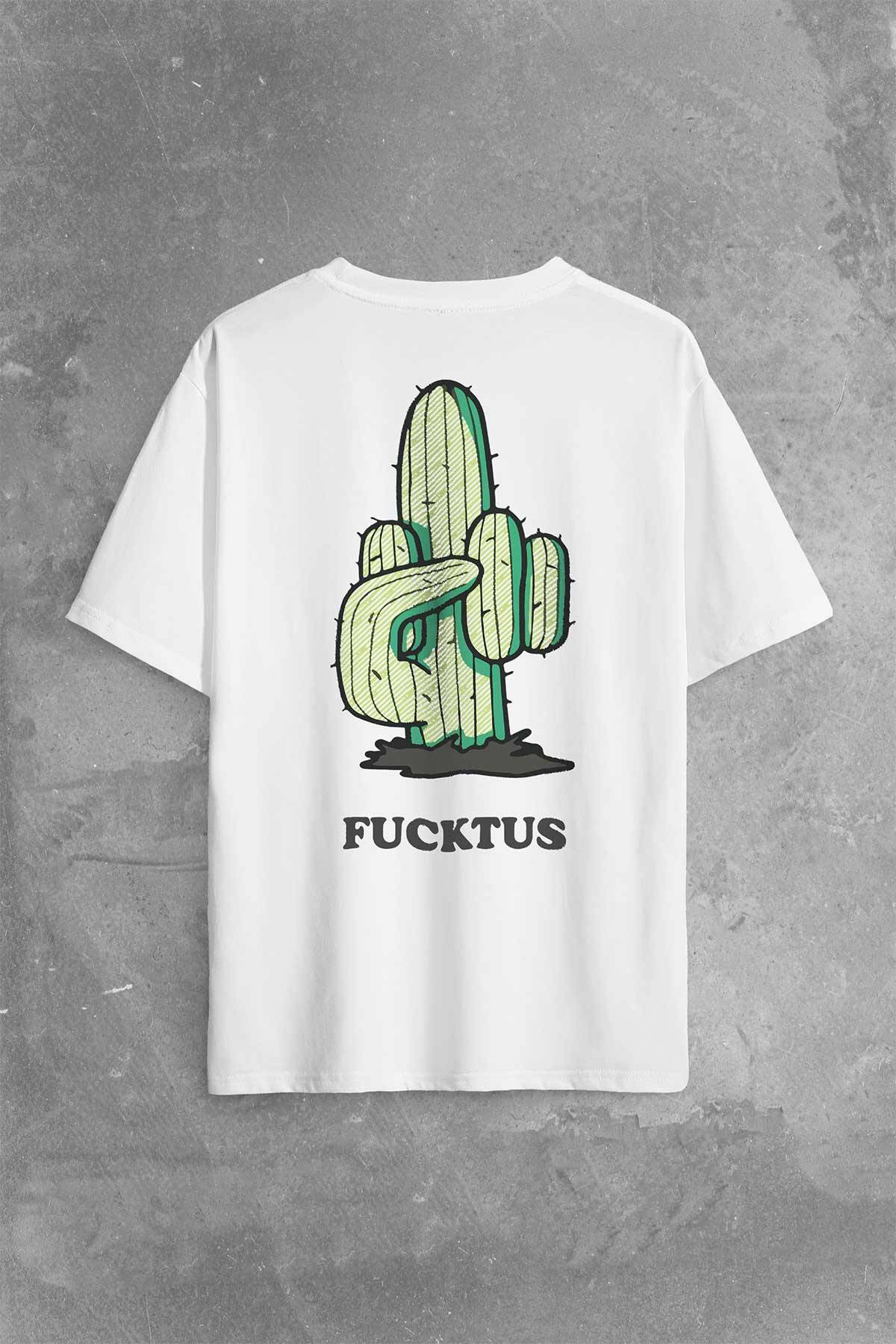 Kaktüs Orta Parmak Fucktus Sırt Ön Baskılı Beyaz Oversize Tişört Unisex