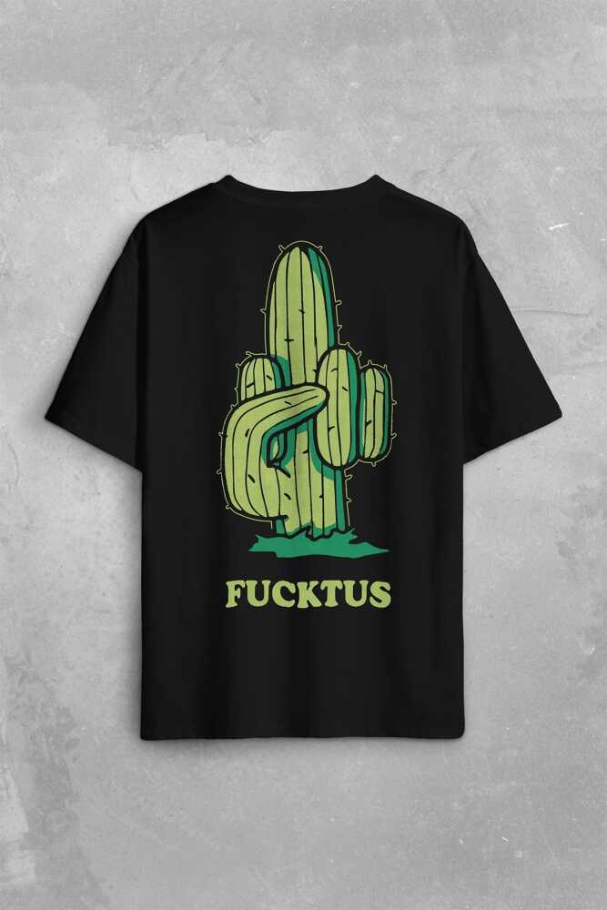 Kaktüs Orta Parmak Fucktus Sırt Ön Baskılı Siyah Oversize Tişört Unisex