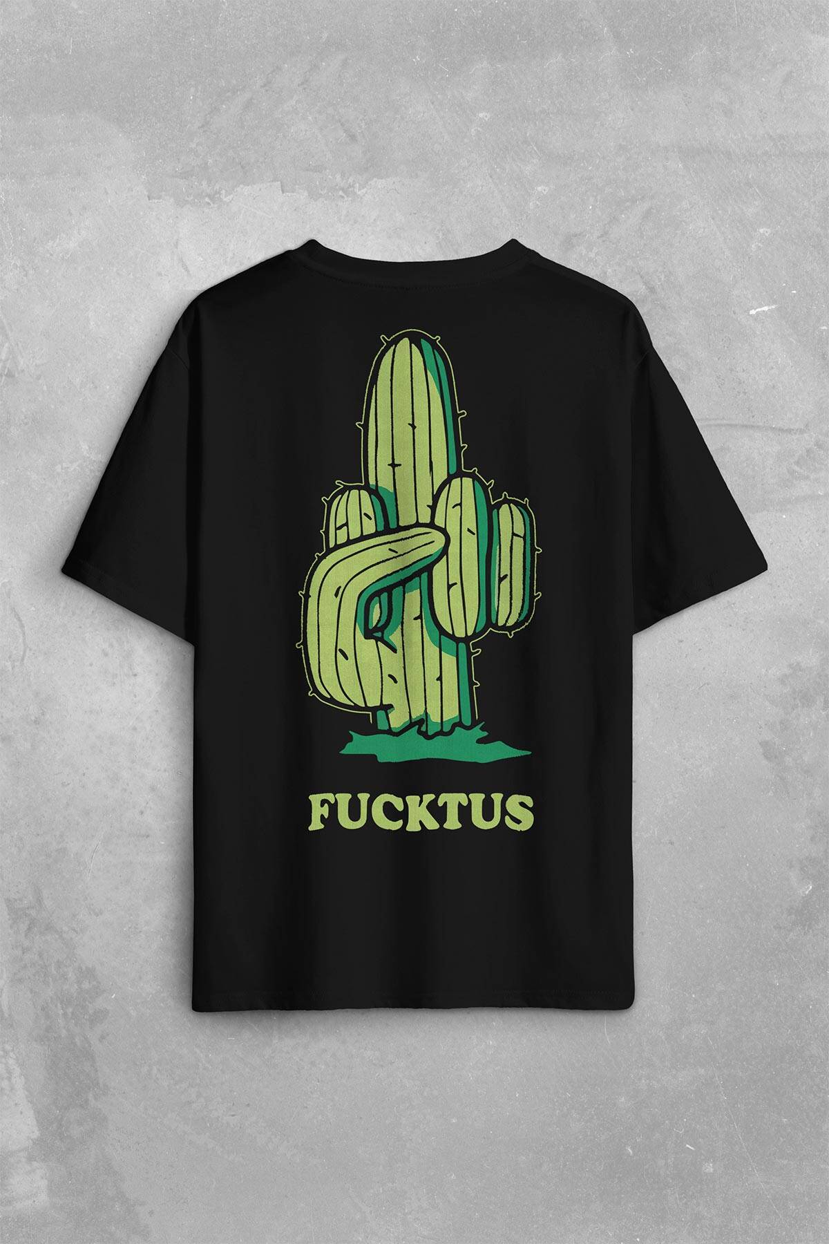 Kaktüs Orta Parmak Fucktus Sırt Ön Baskılı Siyah Oversize Tişört Unisex
