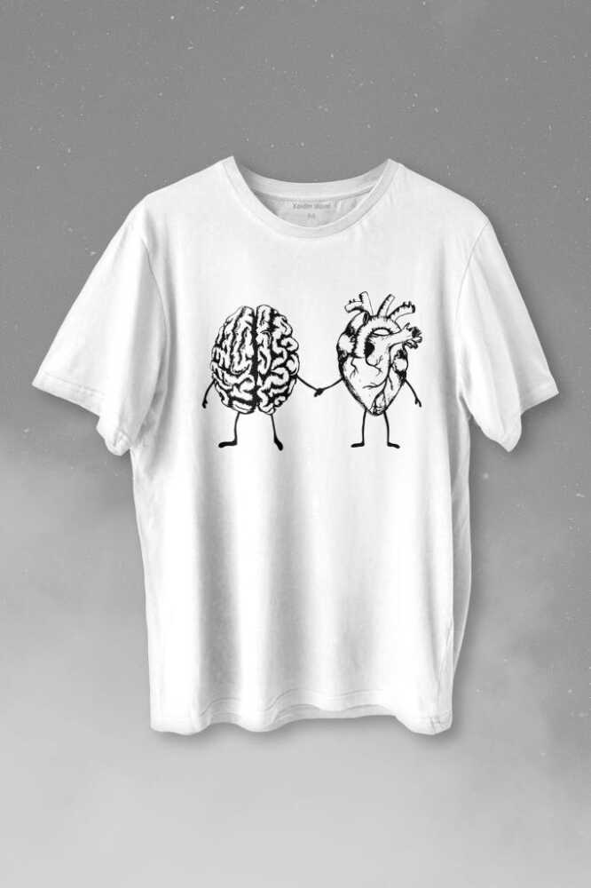 Kalp Ve Beyin Aşk Akıl Mantık El Ele Duygusal Zeka Baskılı Beyaz Tişört Unisex