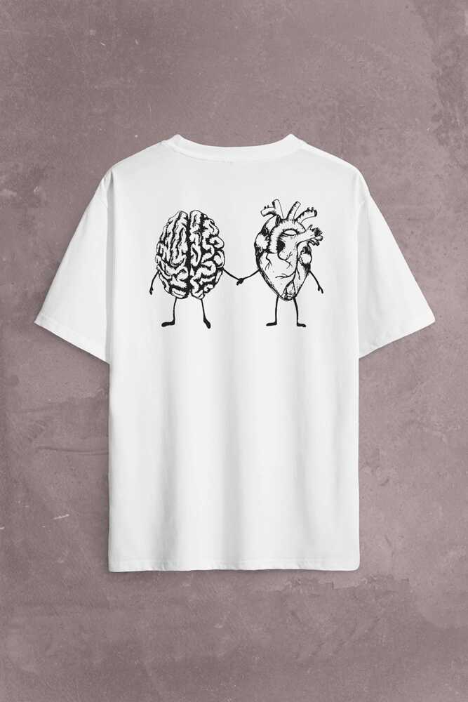 Kalp Ve Beyin Aşk Akıl Mantık El Ele Duygusal Zeka Sırt Ön Baskılı Beyaz Oversize Tişört Unisex