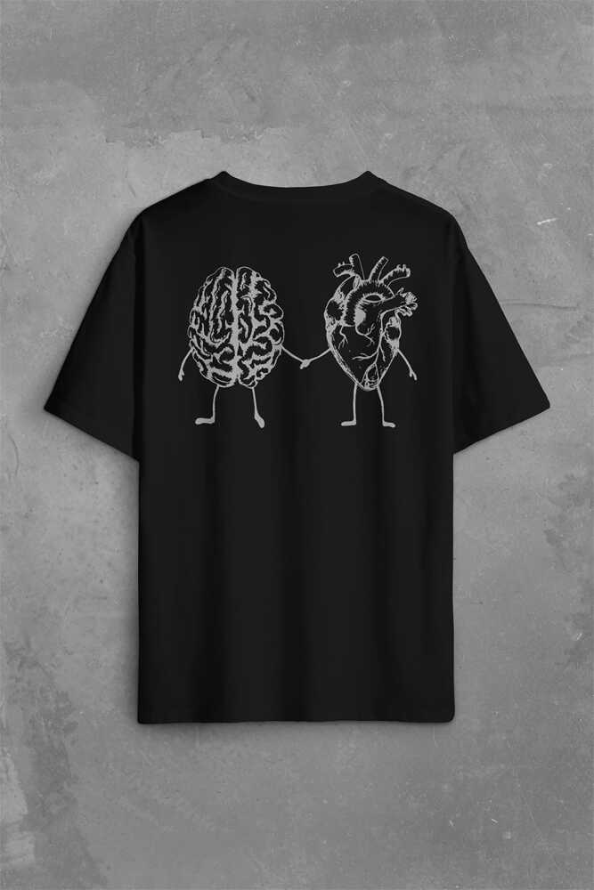 Kalp Ve Beyin Aşk Akıl Mantık El Ele Duygusal Zeka Sırt Ön Baskılı Siyah Oversize Tişört Unisex