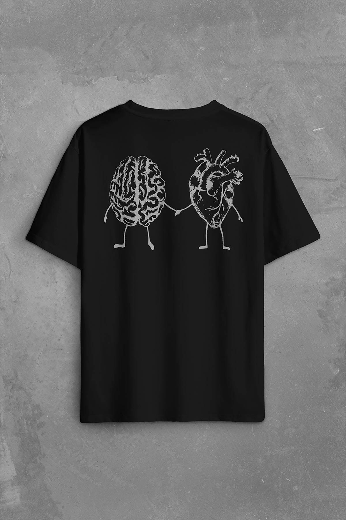 Kalp Ve Beyin Aşk Akıl Mantık El Ele Duygusal Zeka Sırt Ön Baskılı Siyah Oversize Tişört Unisex