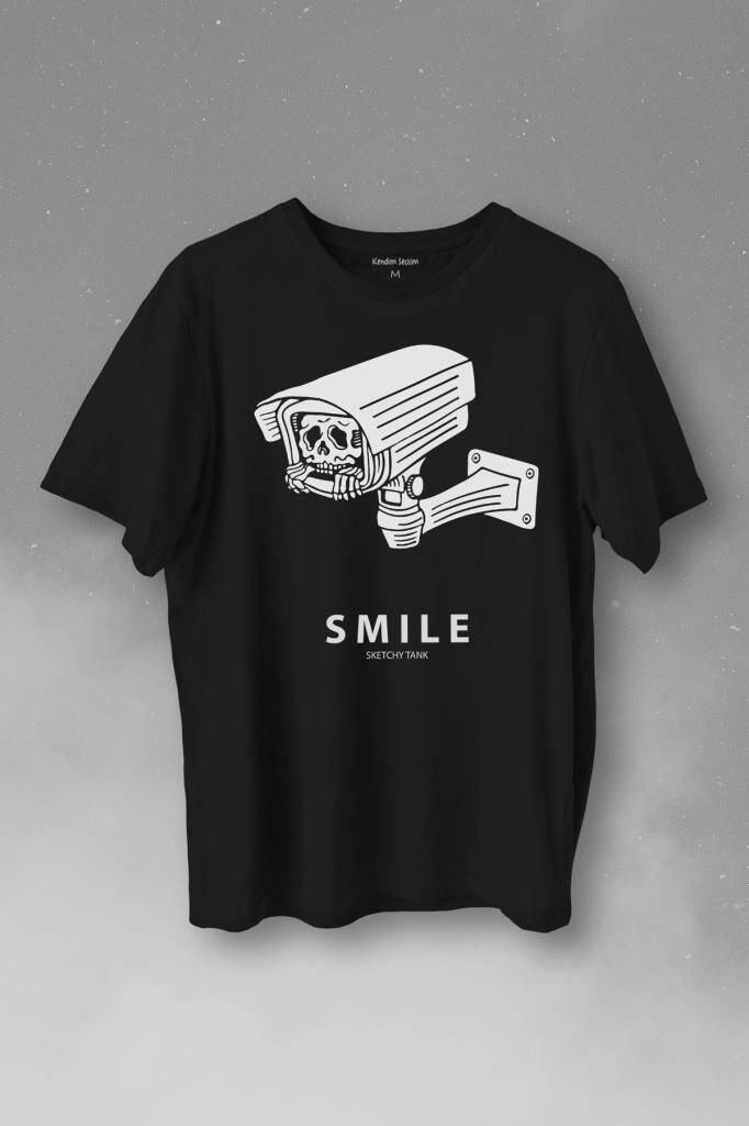 Kamera Smile Selfie Big Brother Baskılı Siyah Tişört Unisex