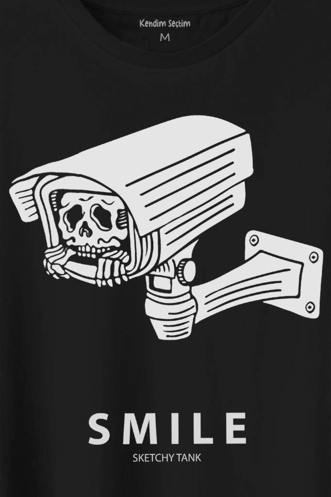 Kamera Smile Selfie Big Brother Baskılı Siyah Tişört Unisex (1)