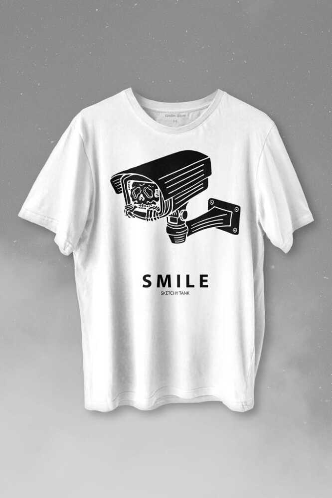 Kamera Smile Selfie Big Brother Baskılı Beyaz Tişört Unisex