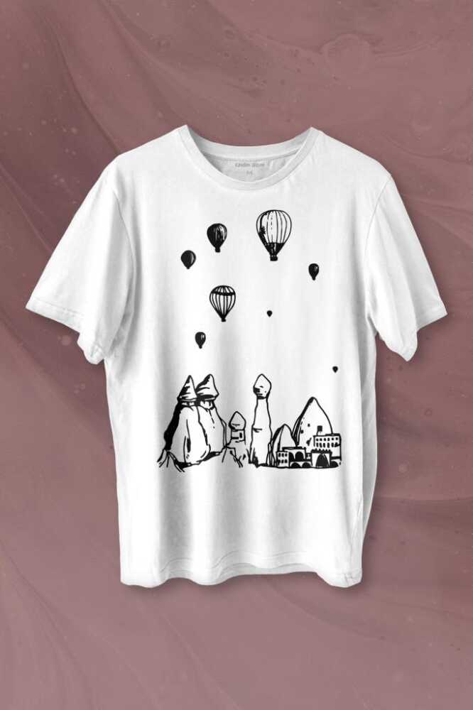 Peri Bacaları Cappadocia Kapadokya Nevşehir Baskılı Beyaz Tişört Unisex