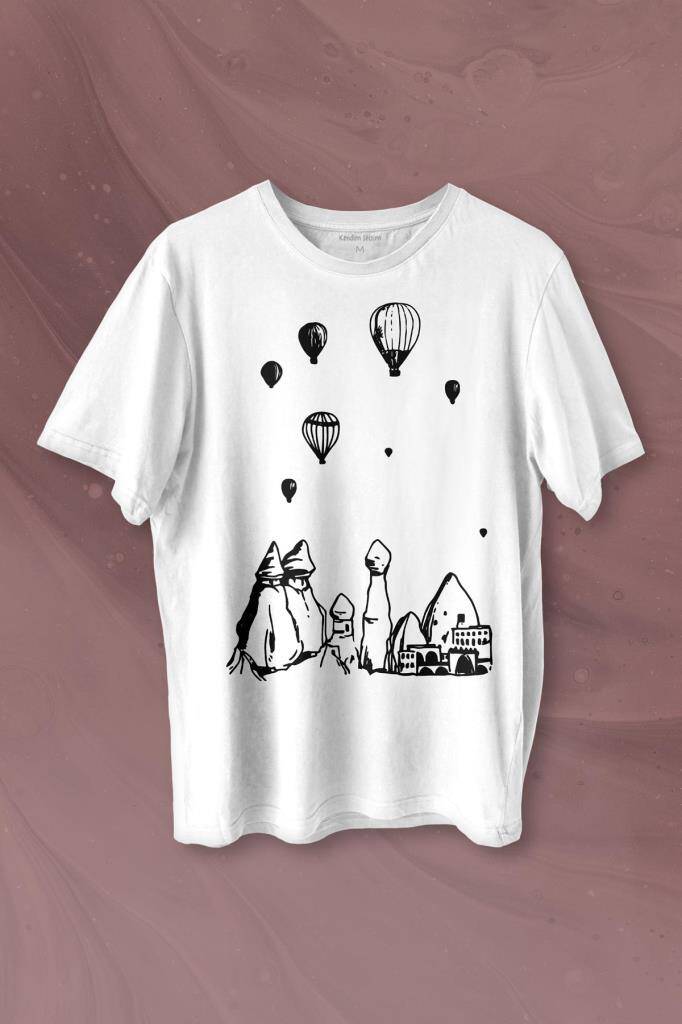 Peri Bacaları Cappadocia Kapadokya Nevşehir Baskılı Beyaz Tişört Unisex - 1