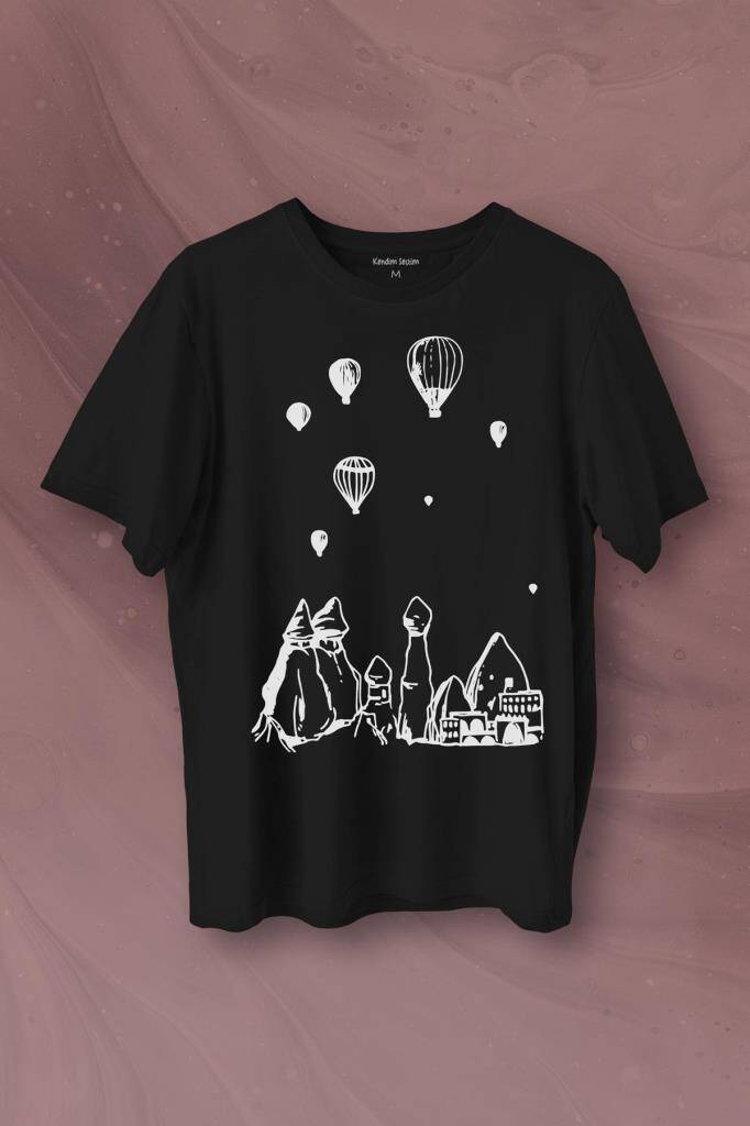 Peri Bacaları Cappadocia Kapadokya Nevşehir Baskılı Siyah Tişört Unisex