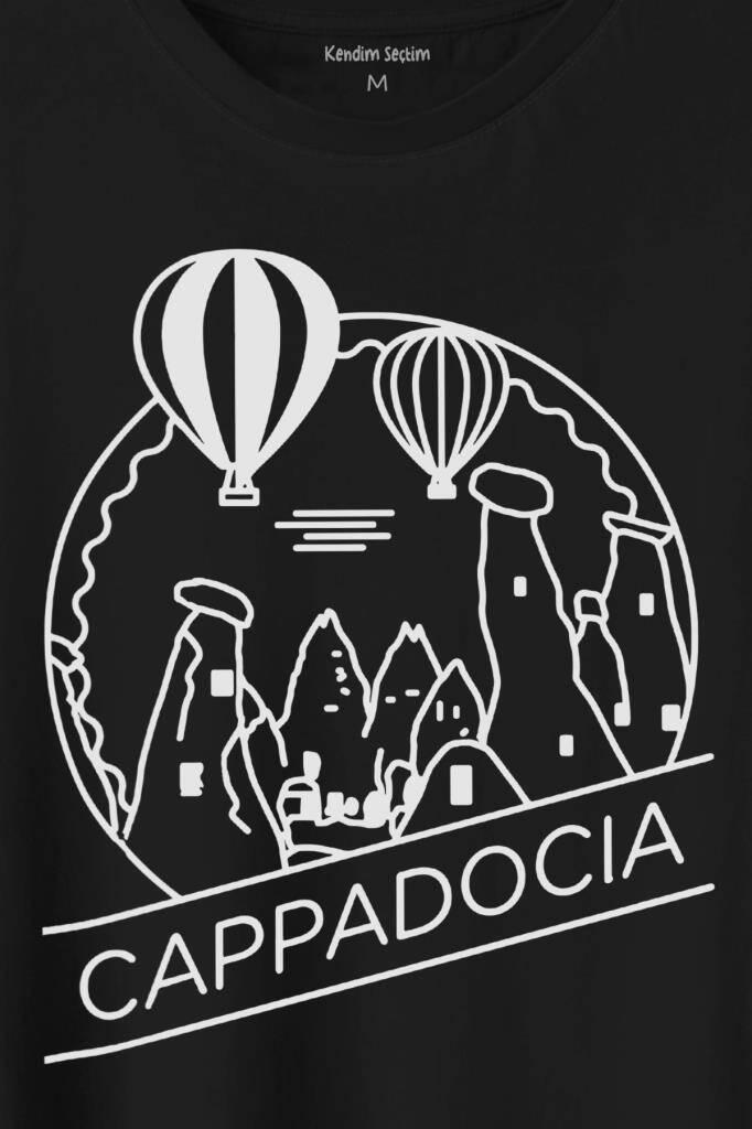 Cappadocia Kapadokya Nevşehir Peri Bacaları Baskılı Siyah Tişört Unisex (1)