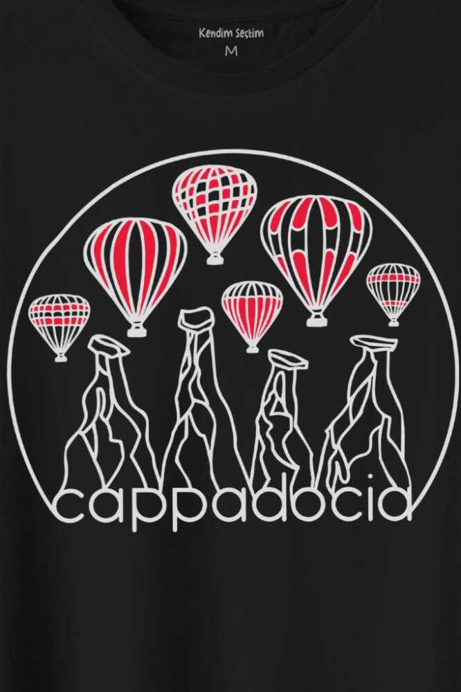 Kapadokya Cappadocia Nevşehir Peri Bacaları Baskılı Siyah Tişört Unisex (1)