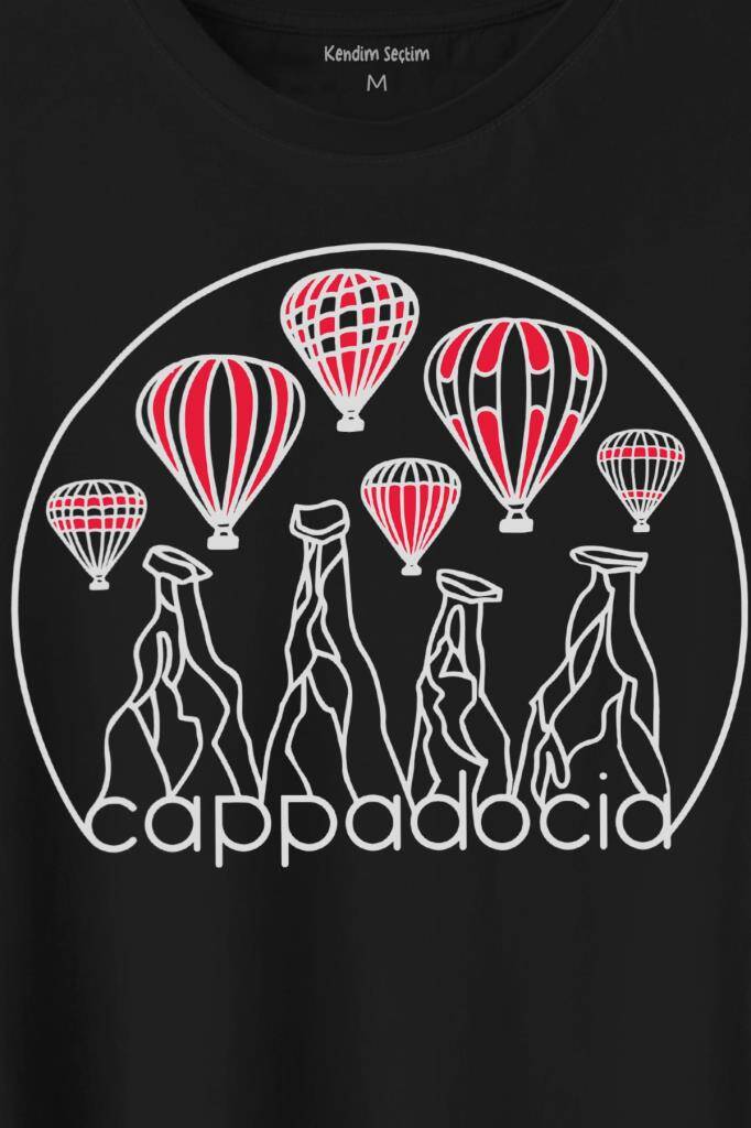 Kapadokya Cappadocia Nevşehir Peri Bacaları Baskılı Siyah Tişört Unisex (1)