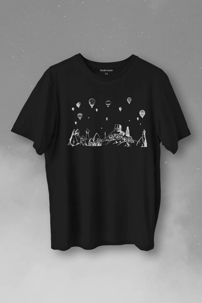 Nevşehir Kapadokya Peri Bacaları Cappadocia Baskılı Siyah Tişört Unisex