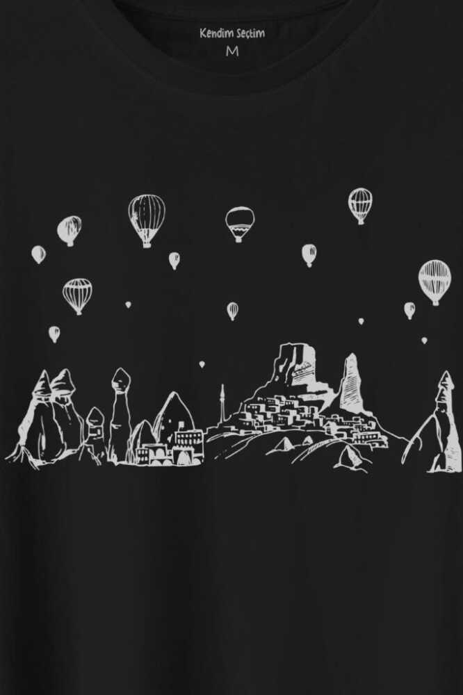 Nevşehir Kapadokya Peri Bacaları Cappadocia Baskılı Siyah Tişört Unisex (1)