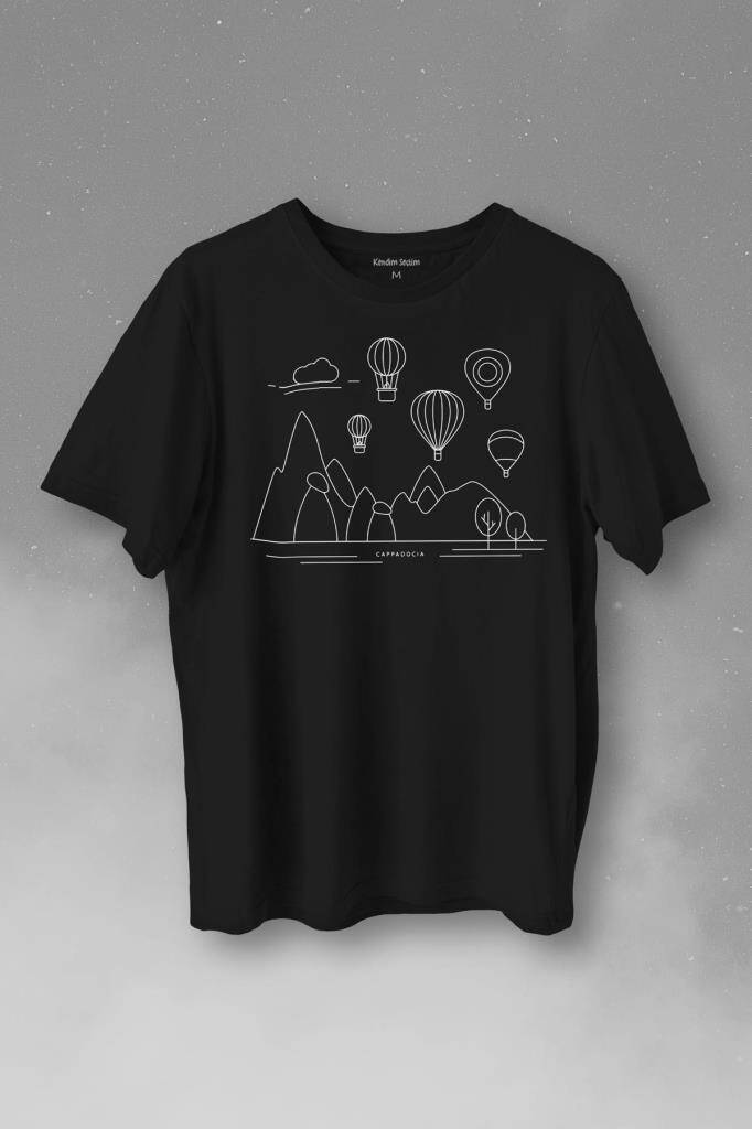 Peri Bacaları Kapadokya Nevşehir Cappadocia Baskılı Siyah Tişört Unisex