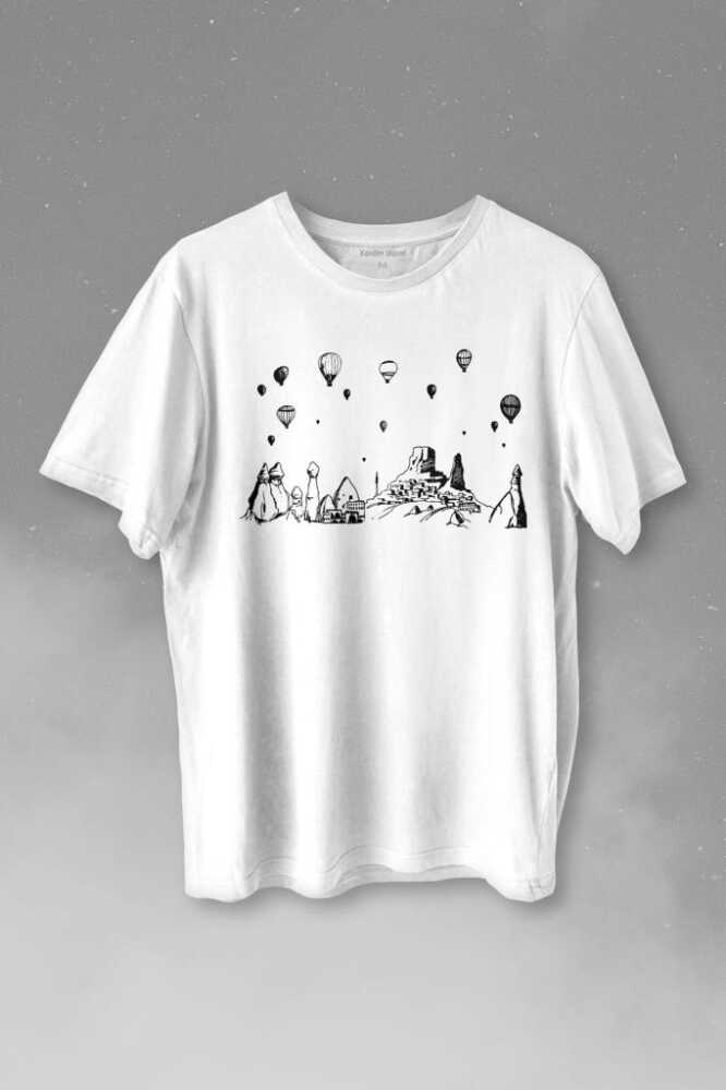 Nevşehir Kapadokya Peri Bacaları Cappadocia Baskılı Beyaz Tişört Unisex
