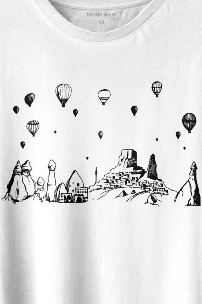 Nevşehir Kapadokya Peri Bacaları Cappadocia Baskılı Beyaz Tişört Unisex (1)