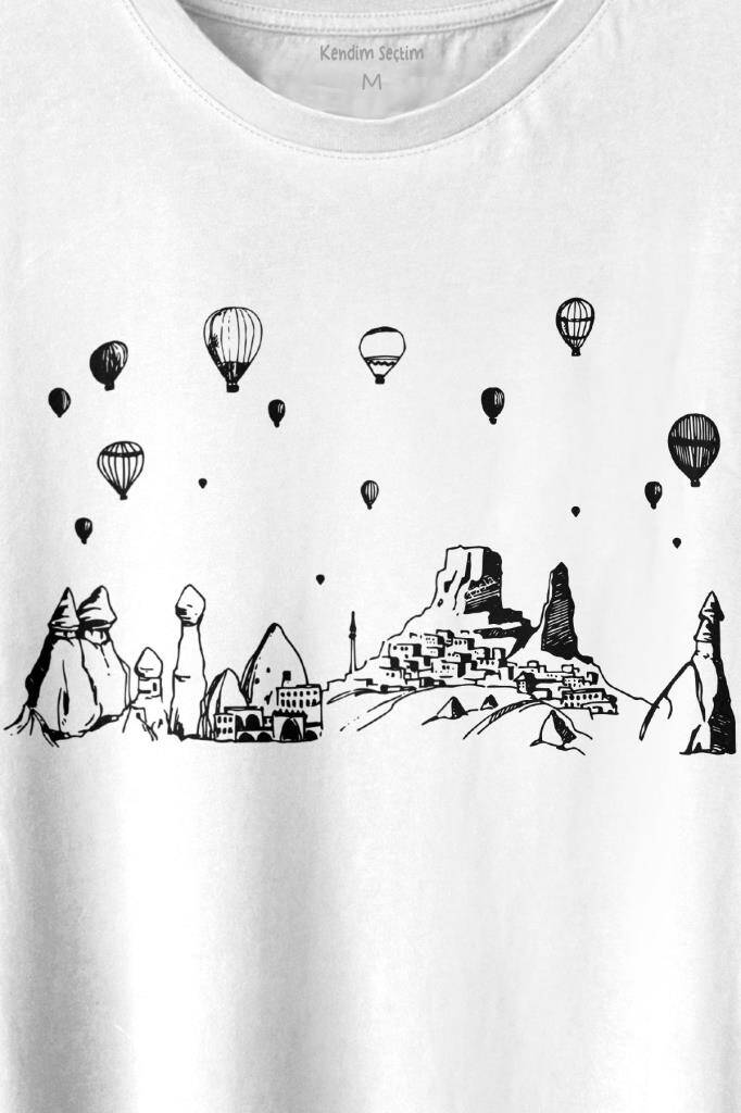 Nevşehir Kapadokya Peri Bacaları Cappadocia Baskılı Beyaz Tişört Unisex (1)