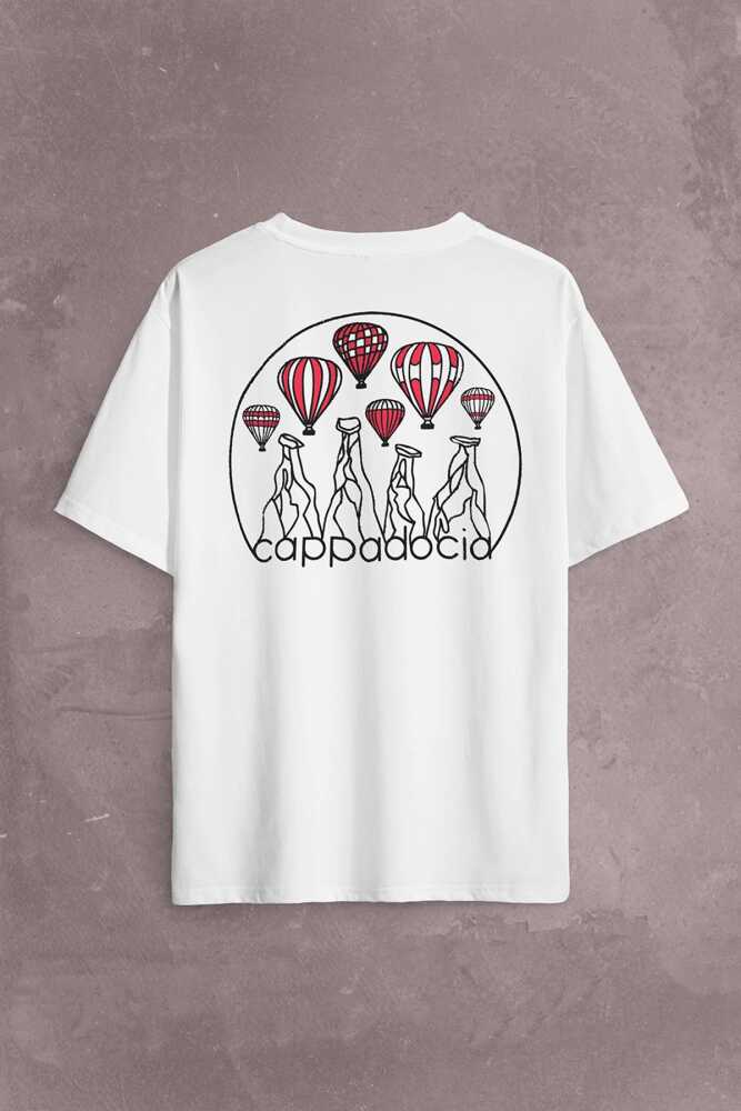 Kapadokya Nevşehir Peri Bacaları Cappadocia Sırt Ön Baskılı Beyaz Oversize Tişört Unisex