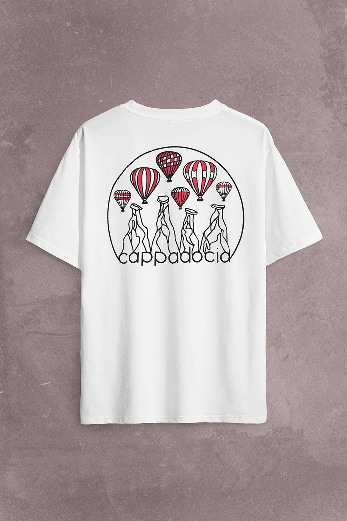 Kapadokya Nevşehir Peri Bacaları Cappadocia Sırt Ön Baskılı Beyaz Oversize Tişört Unisex