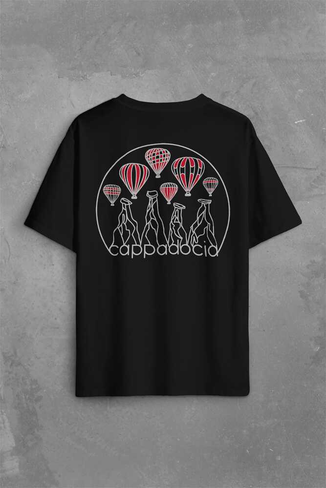 Kapadokya Nevşehir Peri Bacaları Cappadocia Sırt Ön Baskılı Siyah Oversize Tişört Unisex