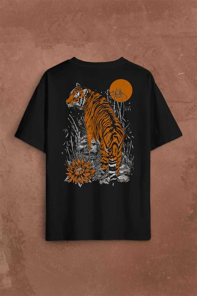Kaplan Ay Dolunay Moon Tiger Sırt Ön Baskılı Oversize Tişört Unisex (1)