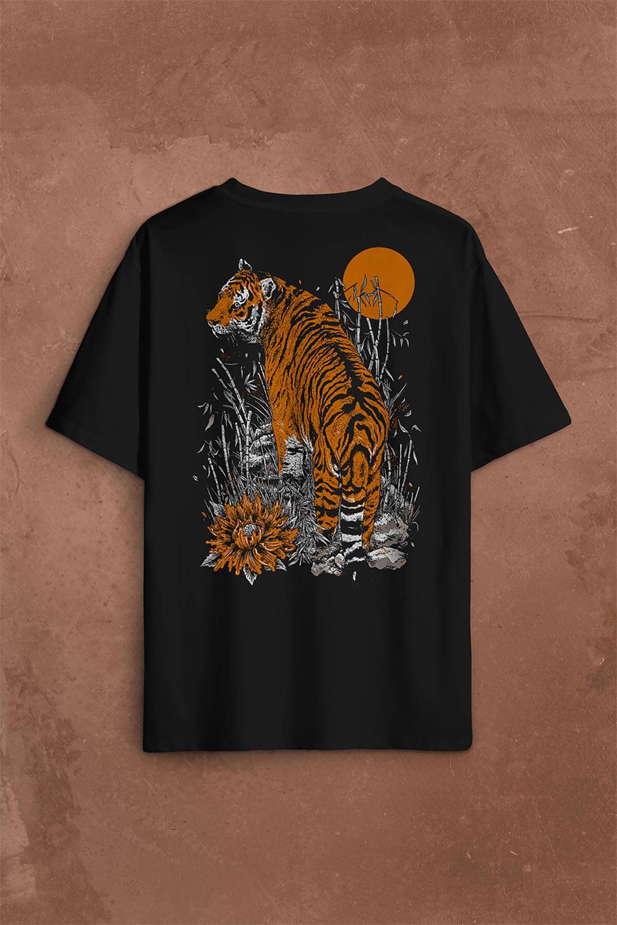 Kaplan Ay Dolunay Moon Tiger Sırt Ön Baskılı Oversize Tişört Unisex (1)