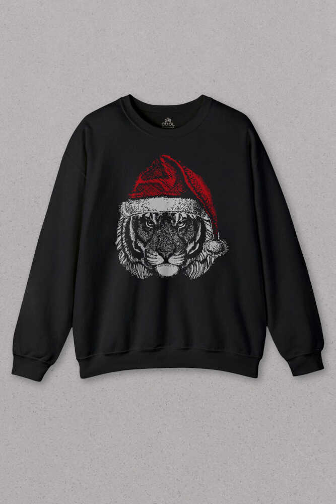 Kaplan Kafası Noel Şapkalı Tiger Wild Cat Yılbaşı Siyah Unisex Bisiklet Yaka Sweatshirt